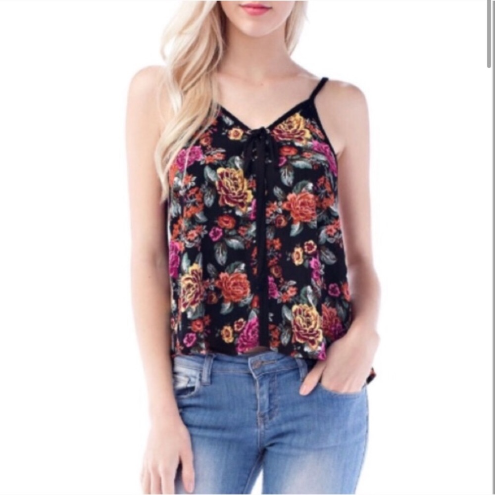 Black Floral Print Lace Up Tank Top